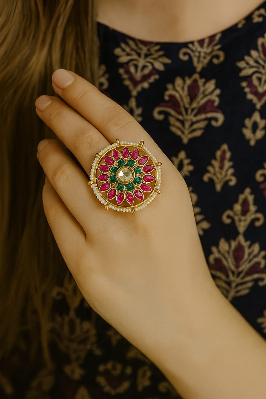 royal floral kundan statement ring – multicolor pearl design (free size adjustable)